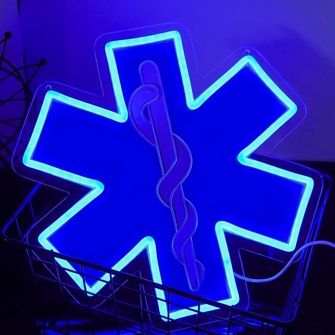 Star of Life LED Neon Sign, 12 x 12 Inches, Pink, USB Powered Wall Decor for EMT Paramedic, Garage, Game Room, Bedroom, Man Cave