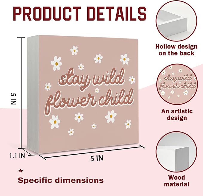 Lacama Pink Boho Girl Nursery Wooden Box Sign, Stay Wild Flower Child Decorations Wood Block Signs, Retro Boho Nursery Wood Sign for Girls Room Bedroom Desk Shelf Wall Decor 5x5 Inches