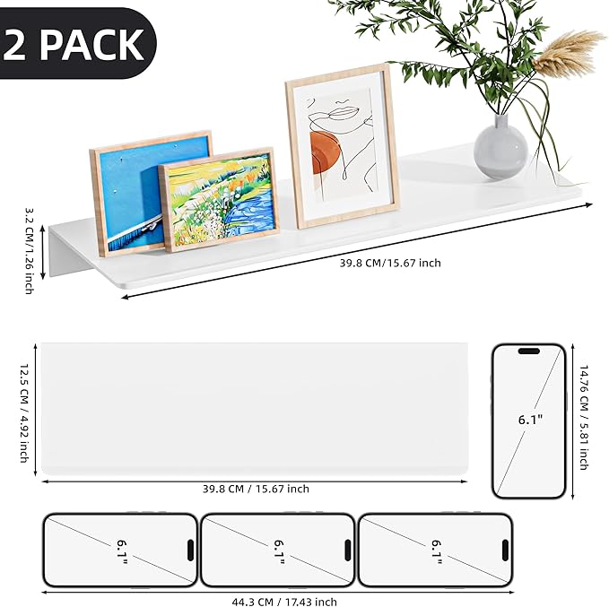 2-Piece Glossy White Metal Floating Shelves - Aluminum Alloy Wall Mounted Shelf No Drilling, Rust-Proof, 15.7" Width for Home Decor & Storage in Living Room, Bedroom, Bathroom