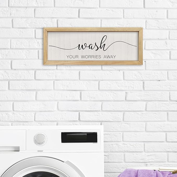 comurdyo Funny Laundry Room Plaque Wash Your Worries Away Bathroom Sign Wall Decor Inspirational Quote 16×6 Inch for above the Bathtub Restroom Small Wooden Framed Wall Hanging Art (Wood)