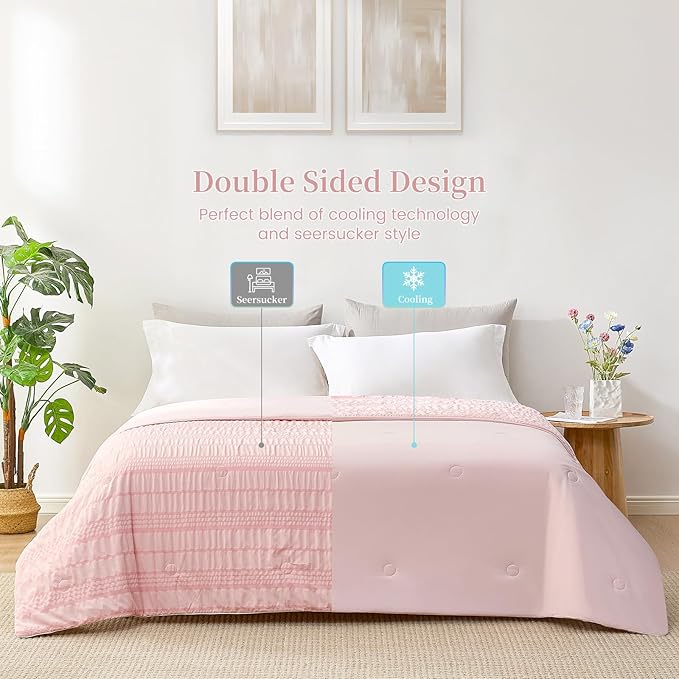 Cozy Bliss Seersucker Cooling Comforter Full Size, Q-Max 0.45 Reversible Lightweight Cooling Blanket, Breathable Silk Smooth Summer Bedding Quilt for Hot Sleepers Night Sweats Pink