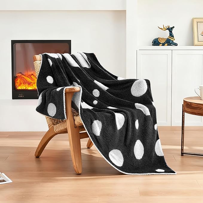 CozeCube Super Soft Fullfy Microfiber Reversible Knitted Blankets, Warm Cozy Fuzzy Plush Throw, Black and White Polka Dot Throw Blanket for Couch Bed Sofa, 50" x 60"