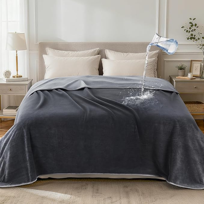 LOOBANI Waterproof Blanket for Bed: Reversible Leakproof King Size Bed Blankets 85" x 108", Soft Flannel & Coral Fleece Bed Blanket Water Resistant for Couch Sofa Cover, Travel, Movie Time, Grey