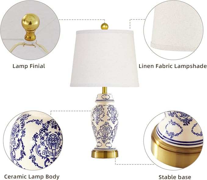RORIANO Chinoiserie Ceramic Small Table Lamps Set of 2 for Living Room Bedroom Bedside, Traditional Beige and Blue Porcelain Classic Table Lamp for Nightstand Entryway, 2 LED Bulbs Included