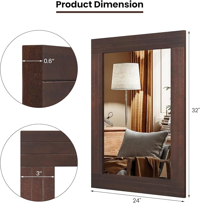 Tangkula 24" x 32" Wood Mirror for Wall, Wall Mounted Rectangular Decorative Mirror for Bathroom Living Room Vanity Entryway, Farmhouse Boho Rustic Wall Decoration