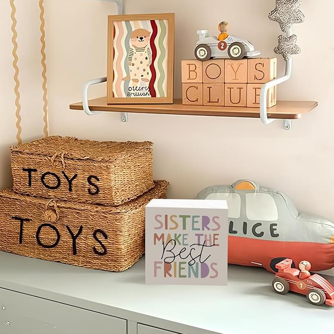 Lacama Boho Girl Nursery Wooden Box Sign, Sisters Make the Best Friends Decorations Wood Block Signs, Boho Nursery Wood Sign for Toddler Girls Room Bedroom Desk Shelf Wall Decor 5x5 Inches