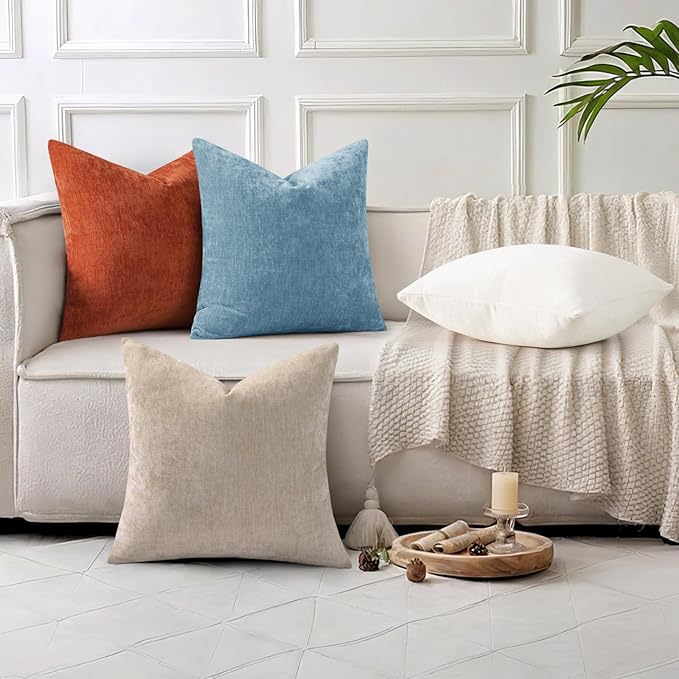 decorUhome Chenille Grey Blue Throw Pillow Covers 18x18 Inch Set of 2, Decorative Soft Couch Pillow Covers Solid Dyed Accent Farmhouse Neutral Square Pillow Cases for Sofa