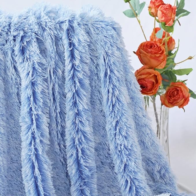 Plush Super Soft Blanket Bedding Sofa Cover Furry Fuzzy Fur Warm Throw Qulit Cozy Couch Blanket for Winter (63"x79",Blue and White)