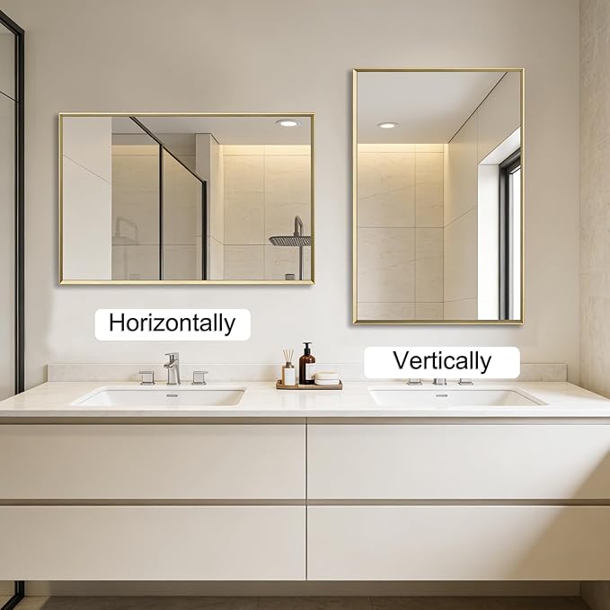 Bathroom Mirror for Wall, 30x40 Inch Metal Framed Mirror, Brushed Gold Rectangle Mirror, Bathroom Vanity Mirror Farmhouse, Tempered Glass, Anti-Rust, Hangs Horizontally or Vertically