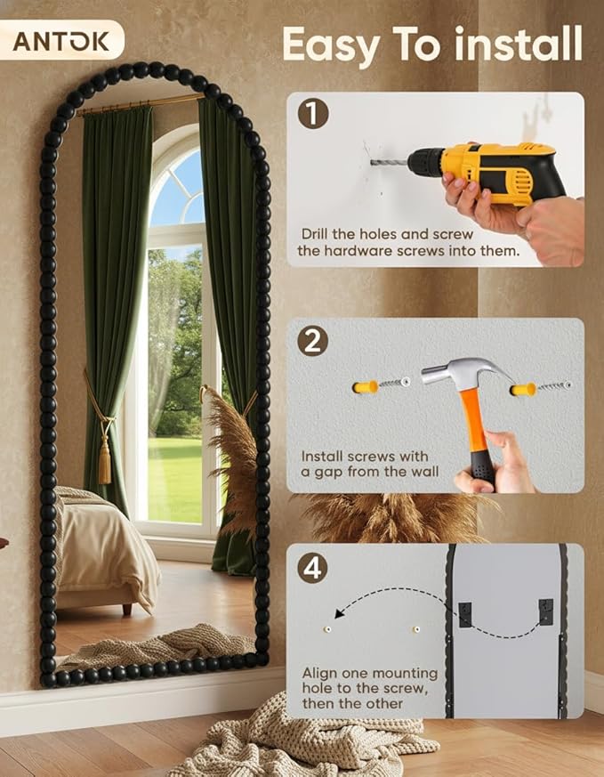 Antok 71" x 28" Arched Full Length Mirror, Antique Beaded Frame Floor Standing or Wall Mounted Mirror with Stand for Bedroom, Entryway, Black, Luxury Style