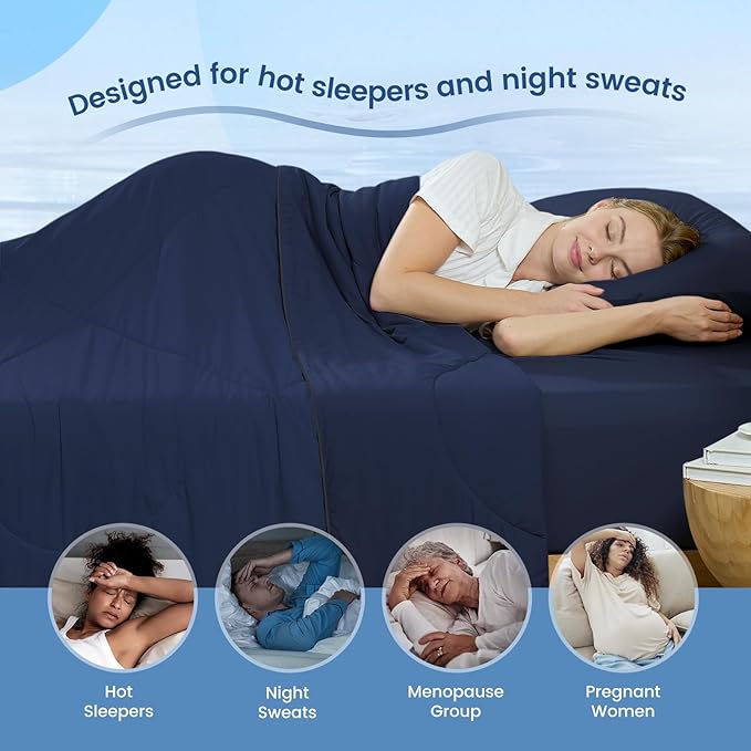 Cozy Bliss Cooling Comforter Queen Size, Cooling Blankets for Hot Sleepers and Night Sweats, Dark Blue Summer Comforter for Queen Size Bed, Breathable Soft Lightweight Silk Smooth