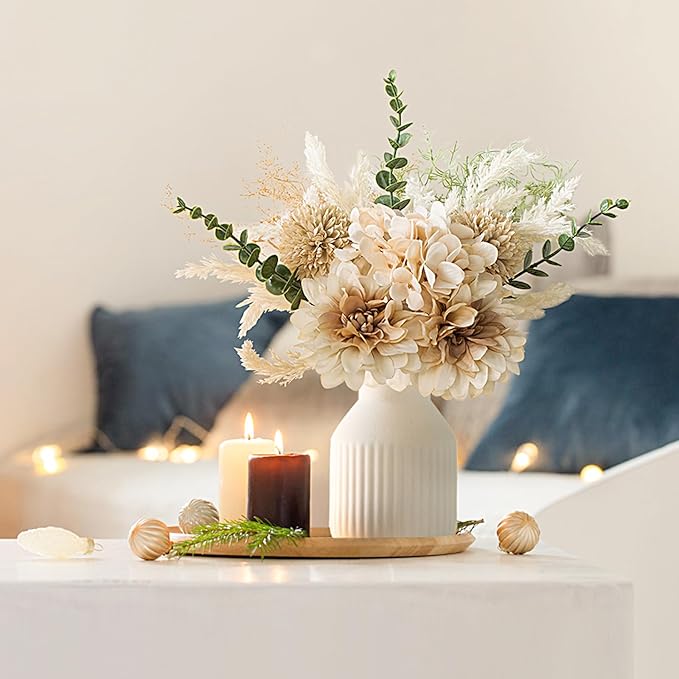 Mkono Small Artificial Flowers in Ceramic Vase Centerpieces Coffee Table Decor, Silk Flower Arrangements for Home Decor Indoor Fake Flower Bouquet for Bathroom Dining Room Kitchen (Brown, Medium)