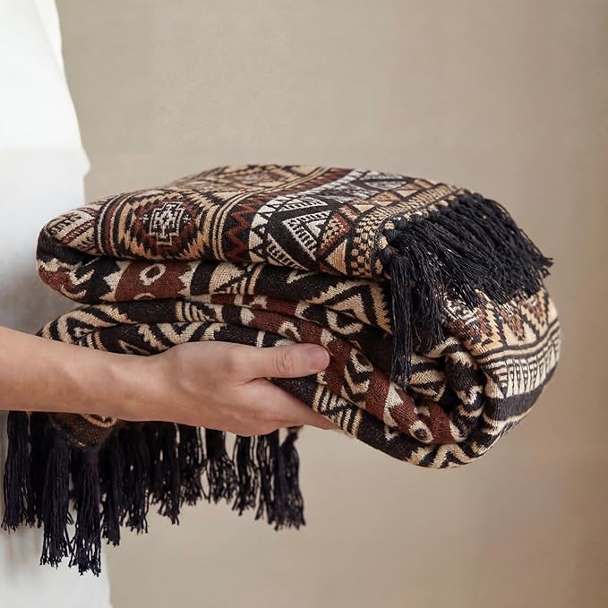 CASAAGUSTO Boho Throw Blanket - Brown Black Decorative Blankets with Tassel, Printed Flannel Bohemian Blanket for Chair, Bed, Sofa, Couch(60 * 80, Brown Black)