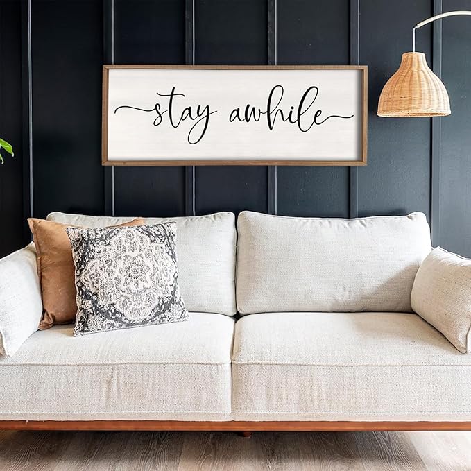 Stay Awhile Living Room Wall Decor 40"X15" for Entryway Minimalist Sign Farmhouse Hallway Rustic Wood Frame Large Vintage Prints Horizontal Home Wall Hanging Art (Wood)