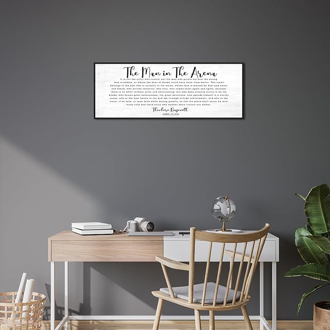 The Man In The Arena Wall Art: 40x15 Inch Inspirational Quotes Wall Decor, Motivational Poster Canvas Print Framed Office Decor,Positive Wall Decor for Bedroom Living Room