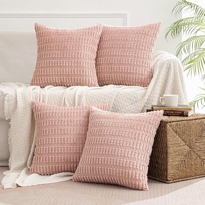 MIULEE Pack of 4 Pink Valentines Corduroy Decorative Spring Throw Pillow Covers 18x18 Inch Soft Boho Striped Pillow Covers Modern Farmhouse Home Decor for Sofa Living Room Couch Bed