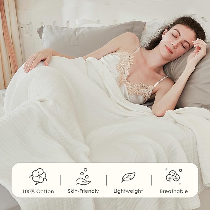 EMME Cotton Muslin Twin XL Blanket Breathable Gauze Soft Lightweight Adults Gifts for Women (White,66"x90")