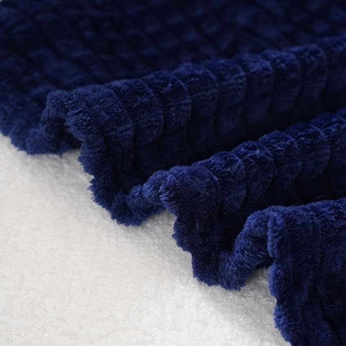 Puncuntex Flannel Fleece Throw Blanket Navy Blue 50"×60",Super Soft Plush Cozy Blanket with 3D Jacquard Square Grid Design Luxury for Couch Sofa Chair,Dark Blue