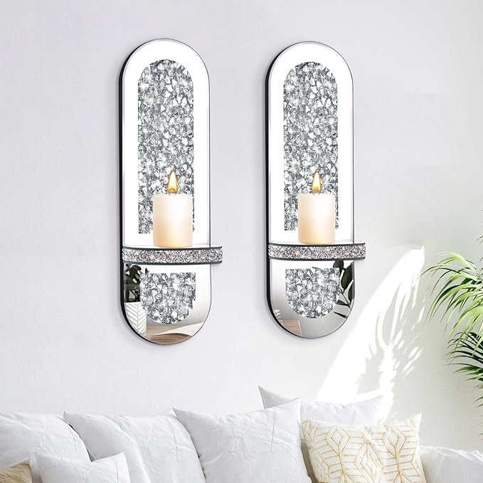 Crystal Crushed Diamond Mirrored Candle Sconces Set of 2 Silver Glass Wall Candle Holder Bling Wall Decorations for Home Decor Living Room Dining Room Bedroom