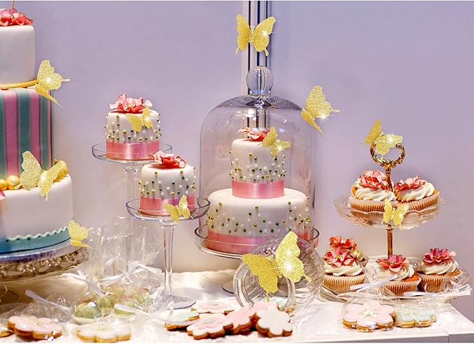 BBTO 48 Pieces Butterfly Wall Decor DIY 3D Mirror Butterfly Stickers Removable Decals Crafts for Birthday Party Bedroom School Bathroom Living Room Decor(Glitter Gold)