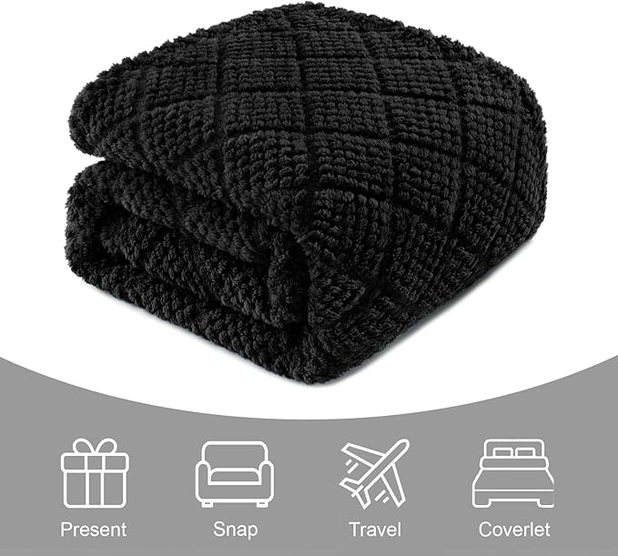 Whale Flotilla Fuzzy Fleece Queen Size Blanket for Bed, Soft Fluffy Jacquard Waffle Blankets for All Season, Lightweight and Warm, 90x90 Inch, Black