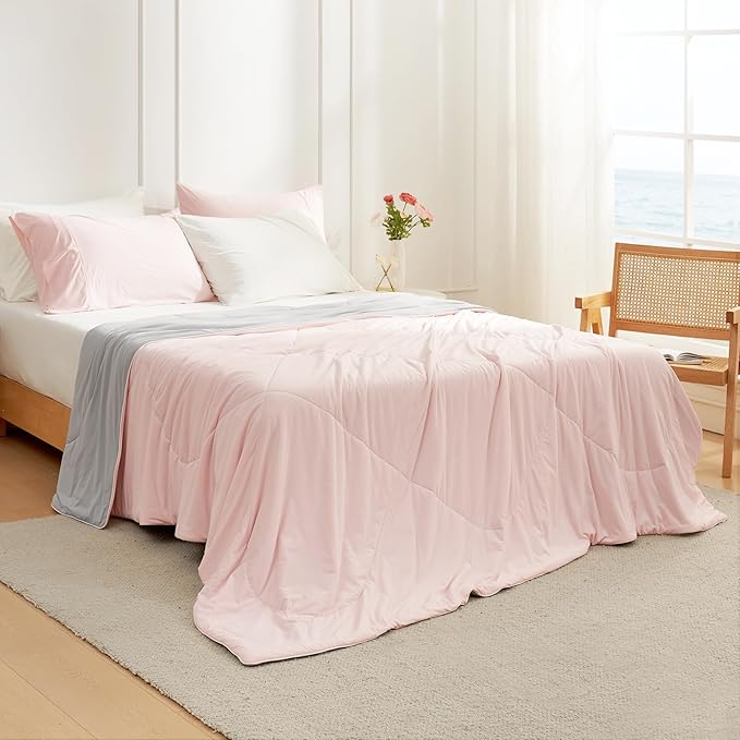 Cozy Bliss Cooling Comforter King Size, Cooling Blankets for Hot Sleepers and Night Sweats,Pink Gray Summer Comforter for King Size Bed, Breathable Soft Lightweight Silk Smooth