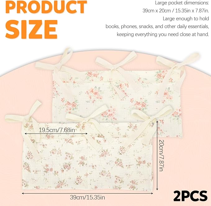 2 Pieces Floral Pattern Bedside Caddy with 2 Pockets, Bedside Hanging Storage Organizer, Dorm Rooms Bunk Bed Storage Bag for Home Phone Remote Control Key Glasses (Beige)