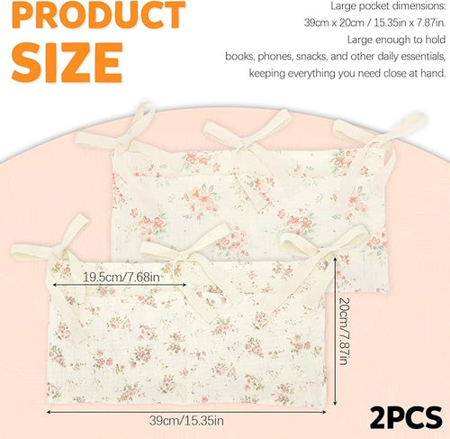 2 Pieces Floral Pattern Bedside Caddy with 2 Pockets, Bedside Hanging Storage Organizer, Dorm Rooms Bunk Bed Storage Bag for Home Phone Remote Control Key Glasses (Beige)