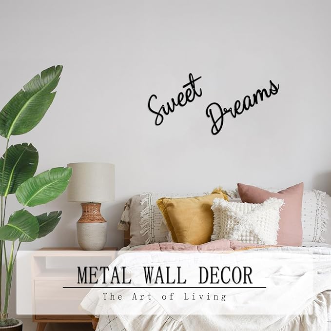 Sweet Dreams Wall Decor Above Bed Rustic Cute Metal Wall Art Sign for Family Bedroom Decor - Black