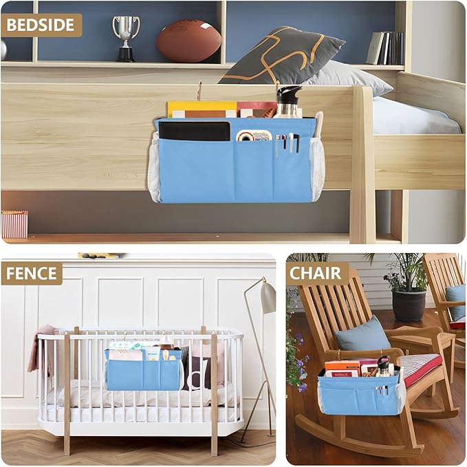 Lake Blue Bedside Caddy Storage Bag Bedside Organizer for Dorm Room Top Bunk Bed Bedside Shelf Hanging Organizer 6 Pockets with Hooks for Glasses Book Tablet Holder
