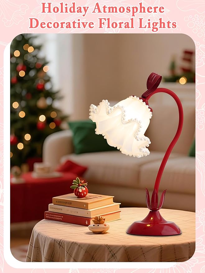 Flower Table Lamp,LED Reading Light Bedside Vintage Flower Night Light,3 Colors Modes Kawaii Bedside Lamps Decor,Living Room Bedroom Room Lighting Table Lamps Home Decoration (Red Pearls)