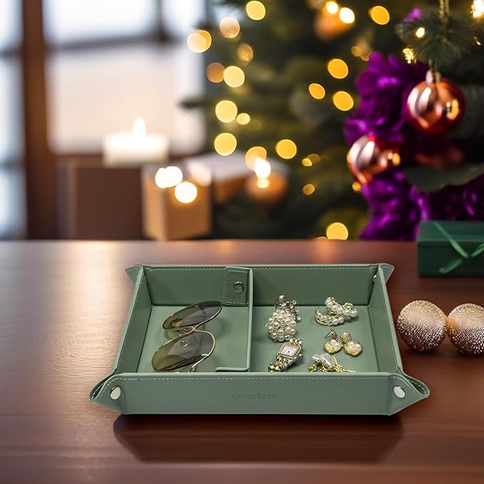 UnionBasic Medium Valet Tray, Jewelry Tray for Rings Earrings, Entryway Catchall Caddy for Coins Keys Change, Nightstand Bedside Valet Holder, Trays for Electronic Gadgets, Malachite Green Plus