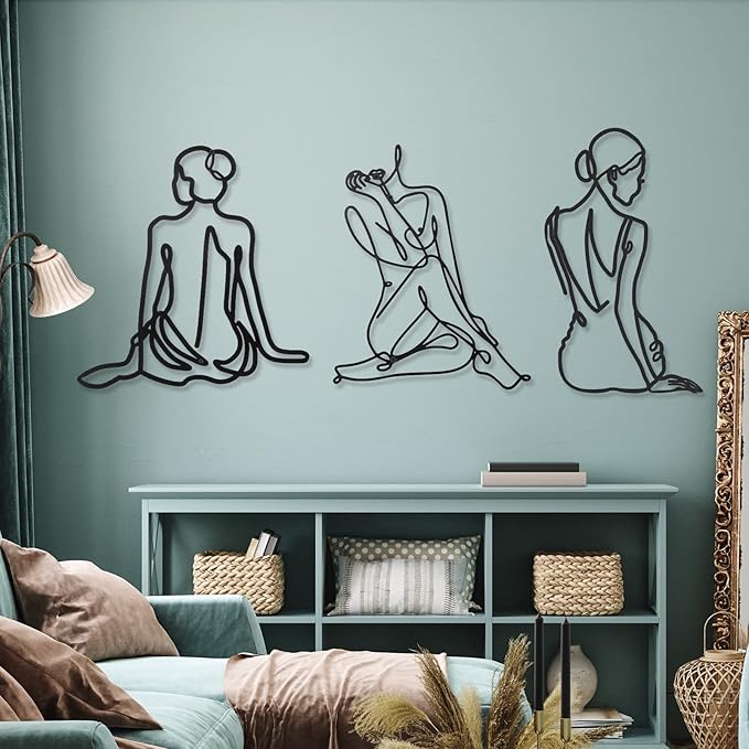 Photect 3 Pcs Metal Wall Art Decor Minimalist Abstract Woman Wall Art Metal Modern Line Drawing Decor Female Single Line Home Hanging for Bedroom Bathroom Living Room Christmas Housewarming(Vintage)