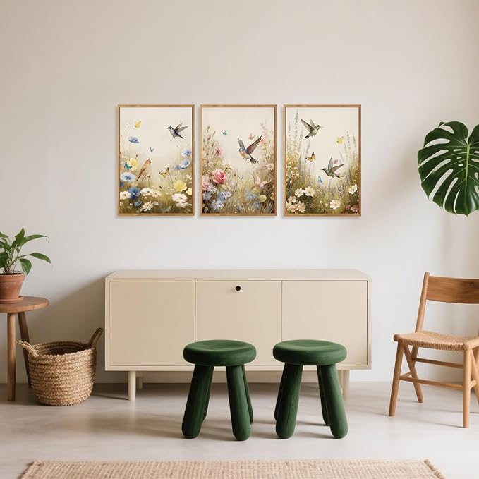 CHDITB Floral Bird Framed Canvas Wall Art Set Of 3, Vintage Garden Wall Decor, Nature Wildflower And Bird Wall Painting, Botanical Flower Art Prints For Dining Room Bedroom Decor (12X16 Inch)