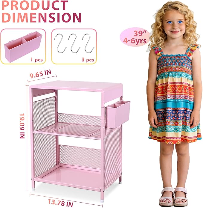 Pink Small Nightstand, Kids Nightstand for Bedroom, End Table with Hooks and Holder, Toddler Bedside Table for Girls, Desk Organizer for Office, Dorm (Pink)