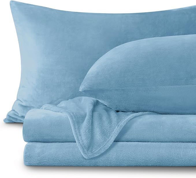 BEDELITE Flannel Sheets Queen Size Forever Blue - Super Soft Fleece Sheets Set Fluffy Extra Plush, 4 Piece(Include Fitted Sheet, Flat Sheet, 2 Pillowcases)