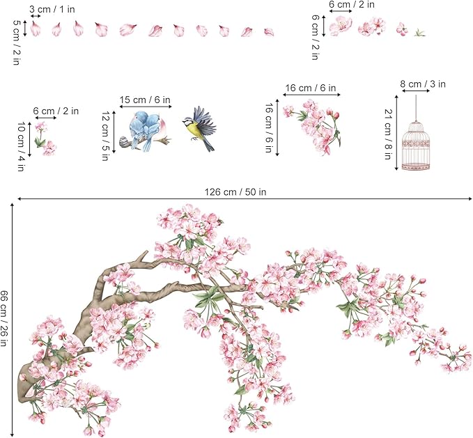 decalmile Cherry Blossom Tree Branch Wall Decals Pink Flower Birds Wall Stickers Bedroom Living Room Sofa TV Background Wall Decor