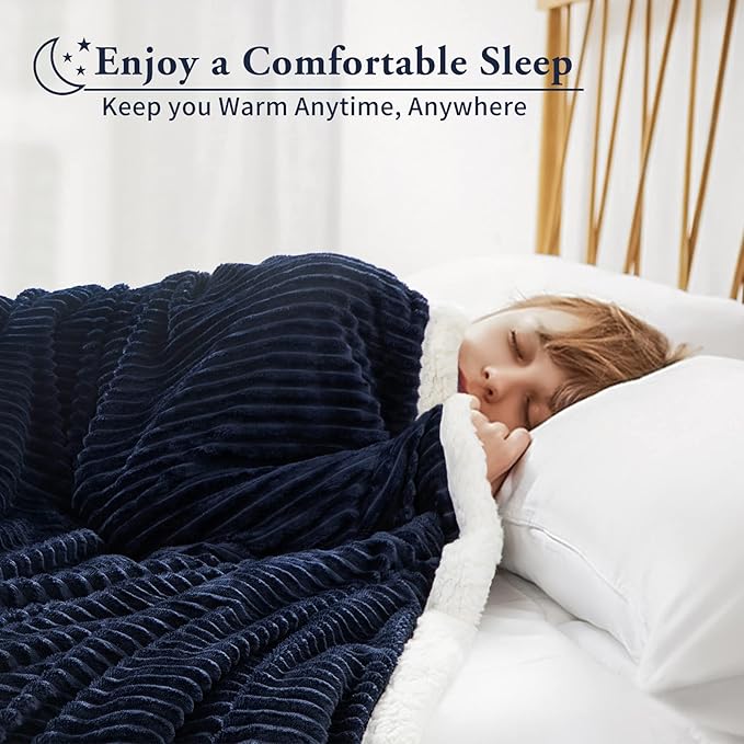 LBRO2M Striped Sherpa Fleece Bed Blanket Queen Size, Super Soft Fuzzy Plush Warm Cozy Fluffy Microfiber Couch Throw Velvet Double Reversible Luxurious Blankets (90x90),Navy Blue
