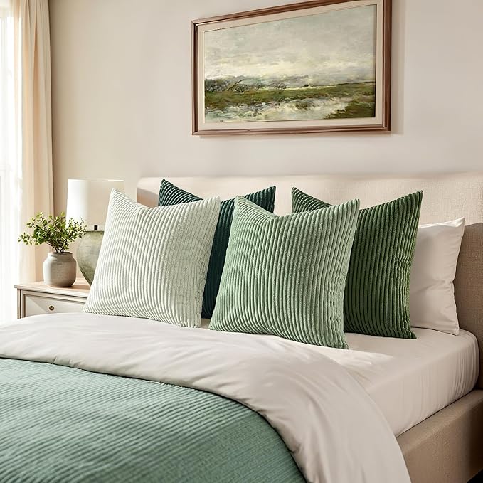 EMEMA Spring Green Decorative Throw Pillow Covers 22x22 Inch Set of 4 Boho Farmhouse Corduroy Striped Square Pillow Case,Western Modern Cushion Covers for Couch Bed Livingroom Home Decor