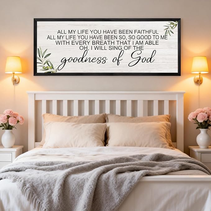 Goodness of God Christian Wall Decor: 40x15 Inch Large Framed Christian Inspirational Wall Art, Religious Scripture Quote Wooden Sign, Black Frame Christian Home Decor for Living Room Bedroom, Black