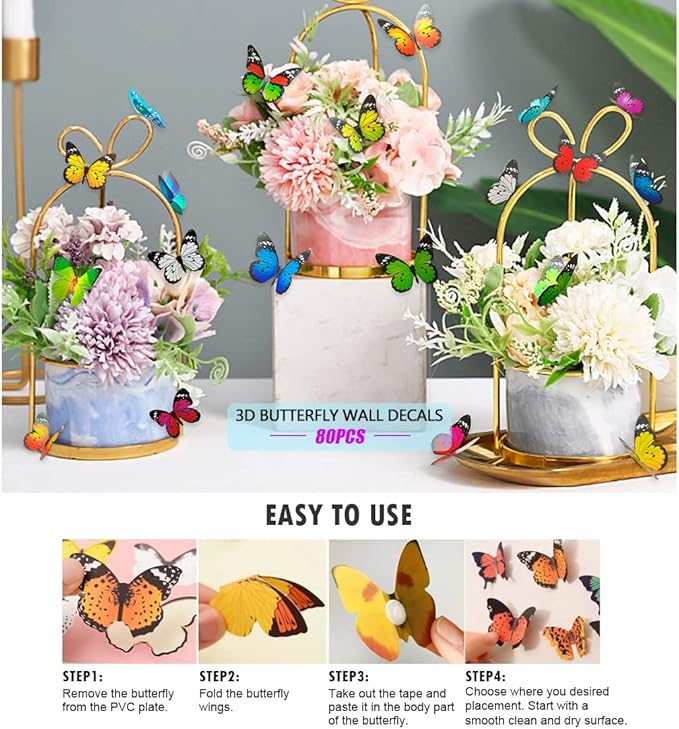 80pcs Butterfly Wall Decor - Plastic Butterflies Wings Foldable Removable Waterproof Reusable Mural Wall Stickers for Home Room Bedroom Party Wedding Christmas Decorations