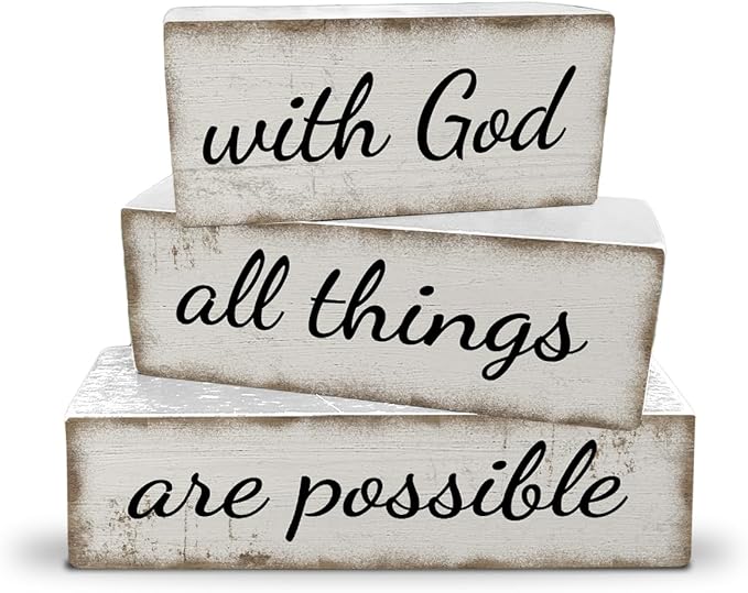 3 Pcs Farmhouse Christian Table Decoration Religious Tiered Tray Decor Rustic Bible Verse Tabletop Centerpiece with God All Things Are Possible Wooden Block Sign for Home Desk Shelf Mantle