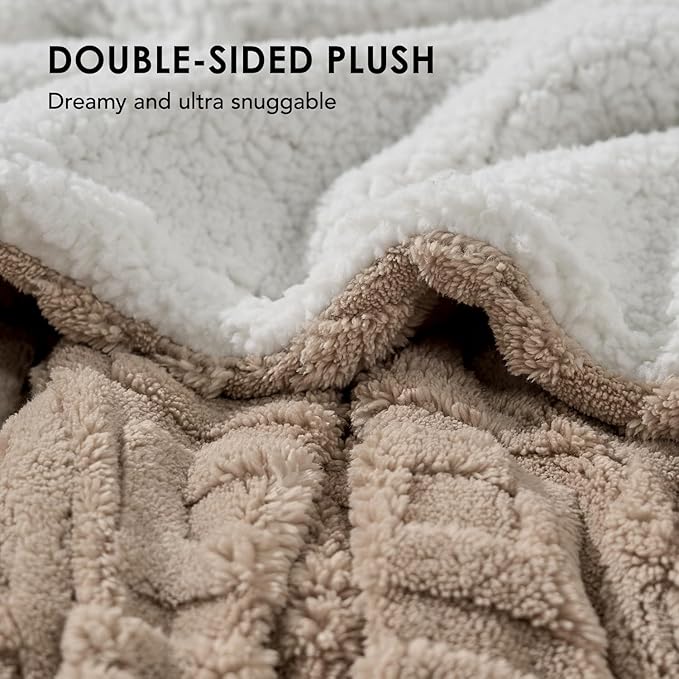 EverGrace Jacquard Boho Sherpa Fleece Throw Blanket for Couch, Super Soft Cozy Fuzzy Plush Blankets for Winter, Reversible Thick Warm Blanket for Bed, Sofa, Living Room, Khaki Tan, 60" x 80"
