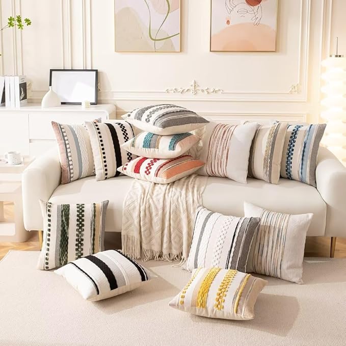 Boho Throw Pillow Covers 18x18 Set of 2 Farmhouse Decorative Cushion Case Striped Square Pillows Cover Chenille Pillow Cases Accent Neutral Pillowcase for Sofa Couch Bed,Black