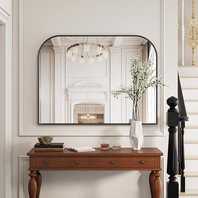 Black Wall Mounted Bathroom Mirror - 48 x 30 Inch Round Cruved Top Right Angle Bottom Wall Mirror, Aluminum Metal Framed, Decor for Living Room, Bedroom, Fireplace, Mantle, Entryway