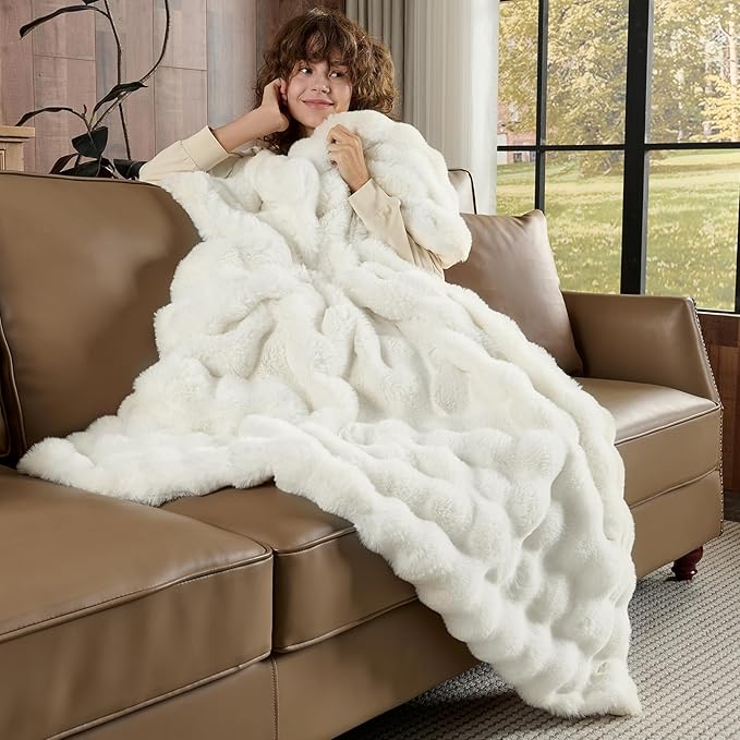 Lotus Karen Queen Size Faux Fur Blanket - Cream White Big Bubble Rabbit Fluff, 90x90 Inches