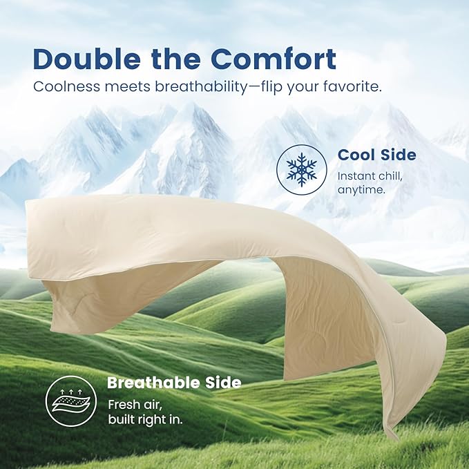 Cozy Bliss Cooling Comforter Queen Size, Reversible Lightweight Cooling Blankets for Hot Sleepers and Night Sweats, Q-Max>0.45 Soft Breathable Silky Smooth Summer Comforter, Khaki, 90"x90"