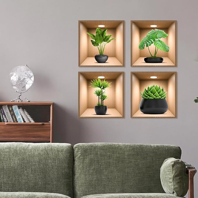 4 Pack 3D Green Plants Wall Decals, 3D Green Pot Plant Succulent Wall Stickers for Sofa Background Bedroom Living Room Kitchen
