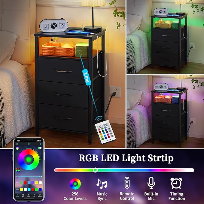 Yoobure Night Stand with Charging Station, 16 Colors LED Nightstand with USB Ports and Outlets, End Table with 3 Fabric Drawers and Storage Shelf, Bedside Tables Small Dresser for Small Space, Black