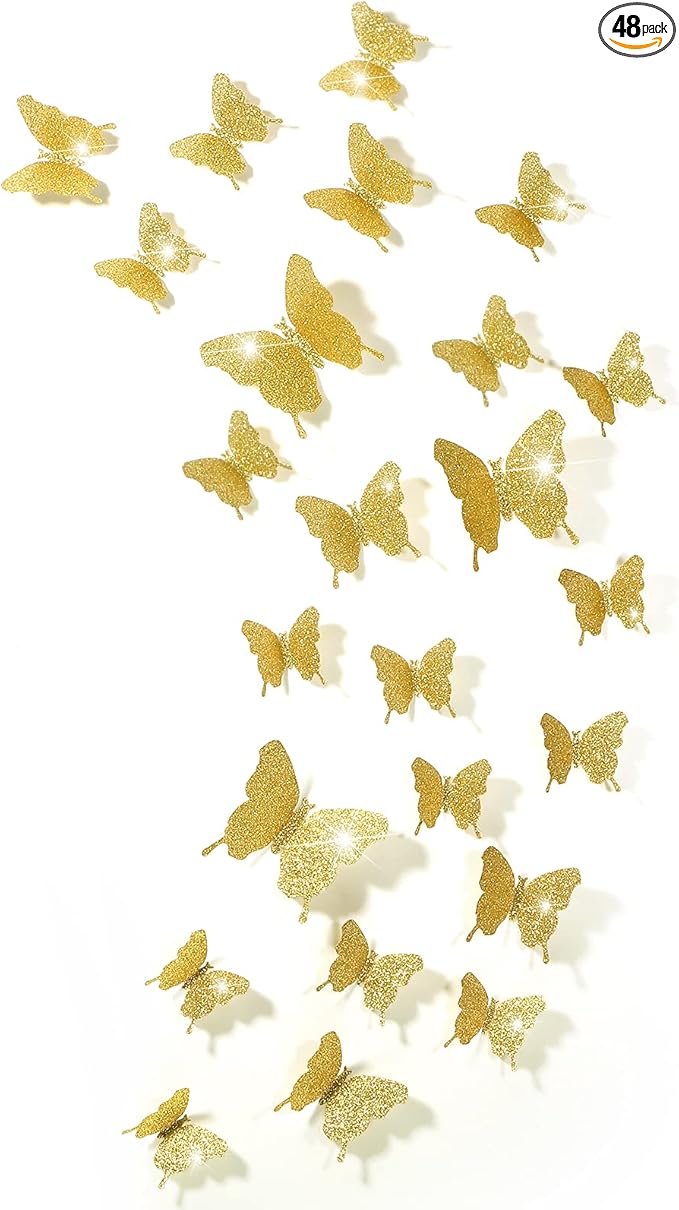 BBTO 48 Pieces Butterfly Wall Decor DIY 3D Mirror Butterfly Stickers Removable Decals Crafts for Birthday Party Bedroom School Bathroom Living Room Decor(Glitter Gold)